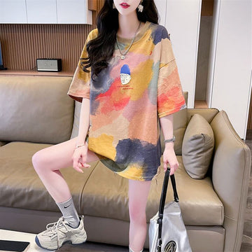 売り切れ必至 絞り染め ファッション プリント 2色選択 半袖Tシャツ＜U-8573＞