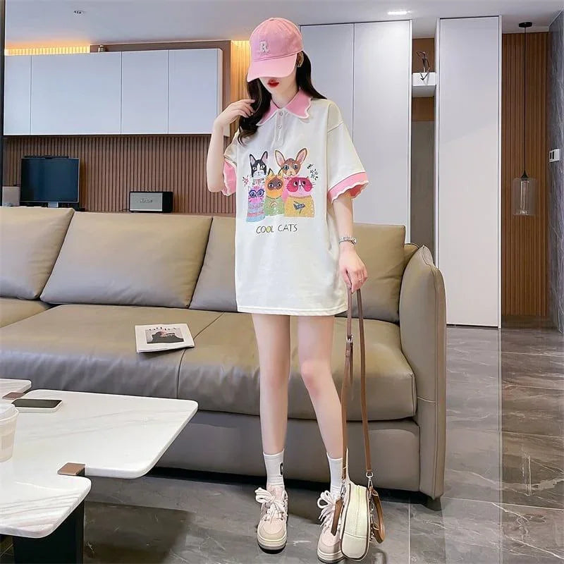 デザインセンスゆったりプリントトップラペルTシャツポロシャツ<U-2898>