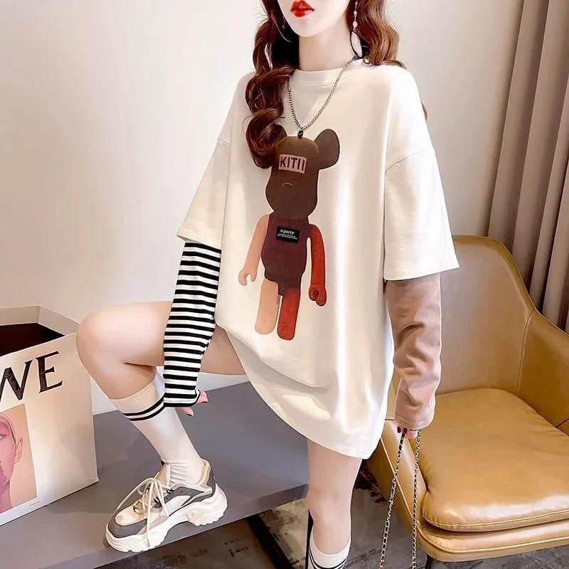 可愛いクマちゃんプリント レイヤード風 ストライプ柄 長袖Tシャツトップス＜U-4109＞