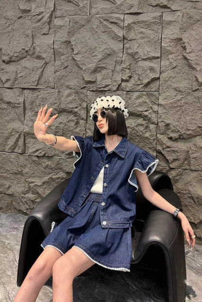 大好評 ファッション 売り切れ必至 2色選択 デニム 半袖 Tシャツ+ 短いスカート セットアップ ＜U-8992＞