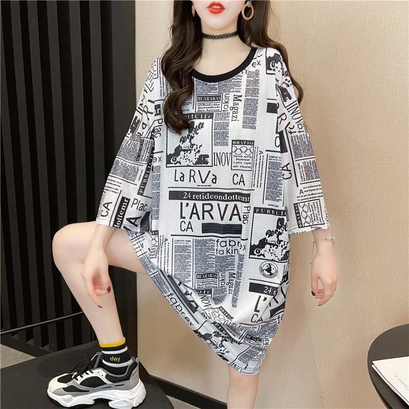 オシャレ度満点 プリント 一目惚れ 切り替え ワンピース Tシャツ カットソー＜U-3122＞