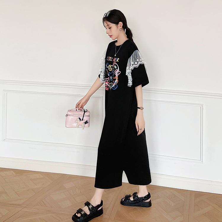おすすめ レース ファッション 切り替え プリント Tシャツ カットソー ワンピース＜U-8535＞