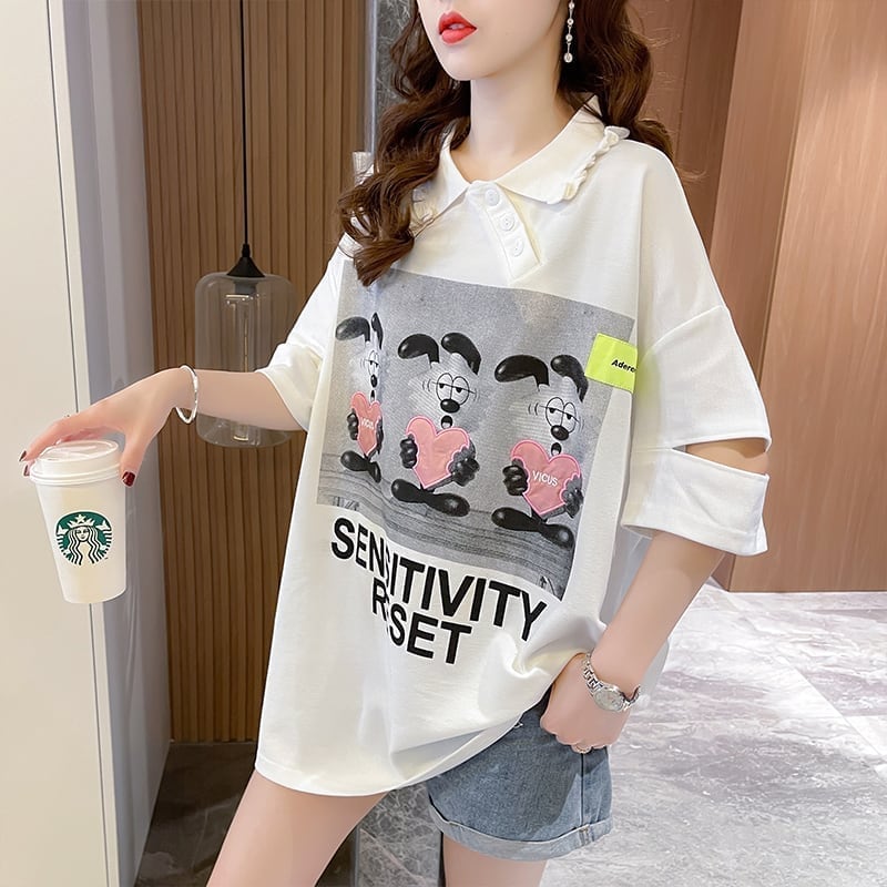 夏新作 アルファベットプリント POLOネック ロング Tシャツ ゆったりワンピース ＜U-3038＞