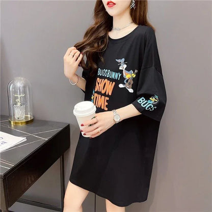 着せ プリント アルファベット ロングTシャツ 四色 ゆったりワンピース ＜U-4018＞