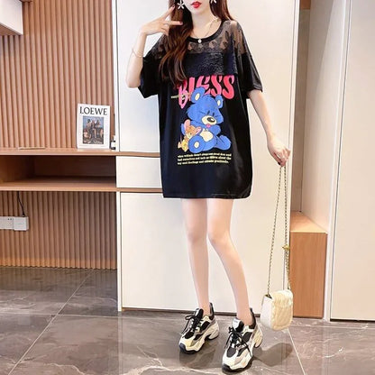 ファッションデザインレースミドル丈半袖Tシャツ<U-3017>