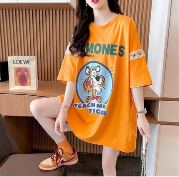 着心地良い レース切り替え リボン プリントTシャツ ゆったり半袖＜U-2889＞