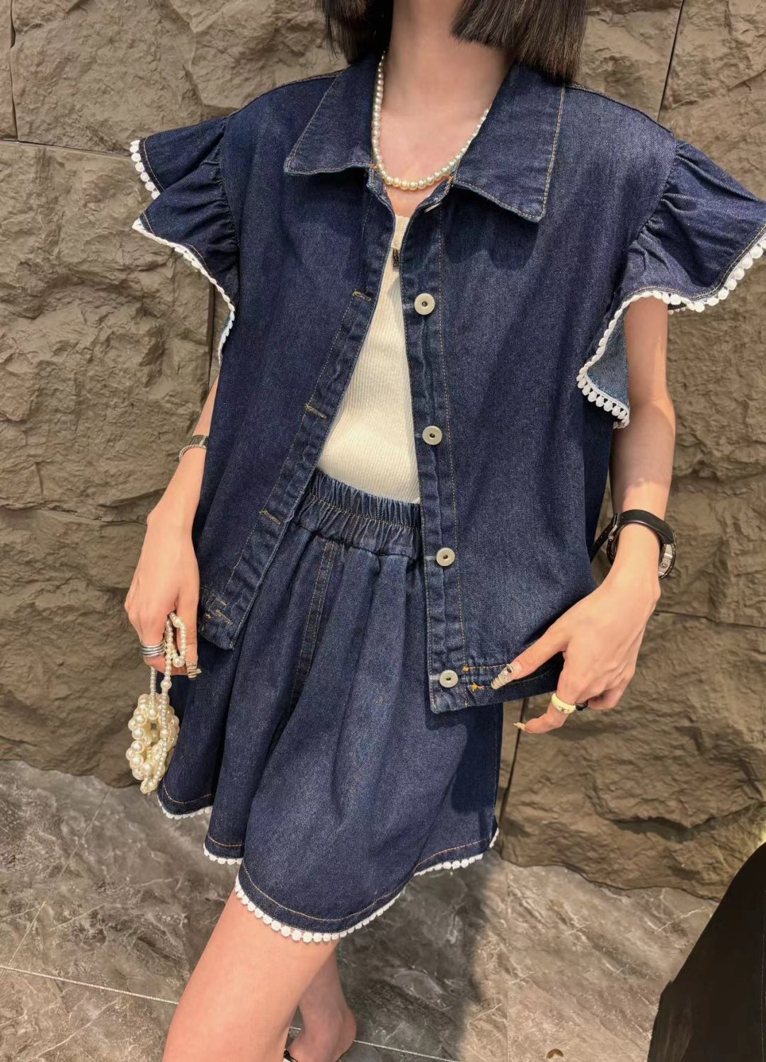 大好評 ファッション 売り切れ必至 2色選択 デニム 半袖 Tシャツ+ 短いスカート セットアップ ＜U-8992＞