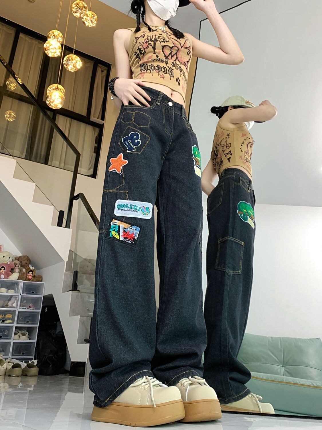 ファッション感満々 着回し力抜群 個性的なデザイン デニム ワイドパンツ＜U-9769＞