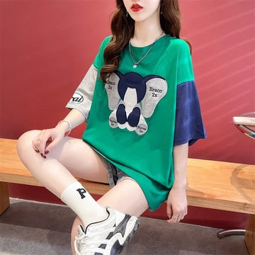 気質漫画カラーマッチング偽ツーピース半袖Tシャツ<U-2997>