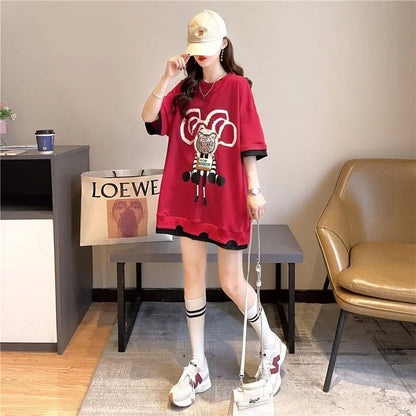気質ルーズ漫画プリントミッドレングス半袖Tシャツ<U-3026>