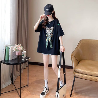 質感のいい 猫刺繍 立体のリボン ロング Tシャツ ゆったり半袖 ＜U-2919＞