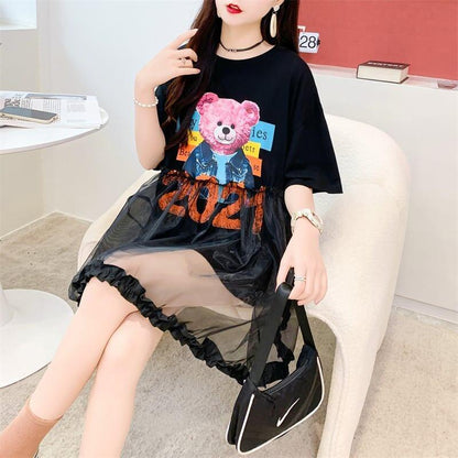 デザインセンスレースステッチフェイクツーピース半袖Tシャツワンピース<U-2964>