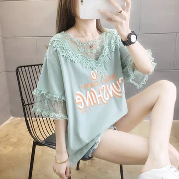 エレガントなレースステッチ半袖Tシャツ<U-3030>