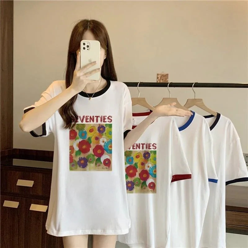 着せ 配色 プリント ロング Tシャツ 四色 ゆったり半袖 ＜U-3019＞