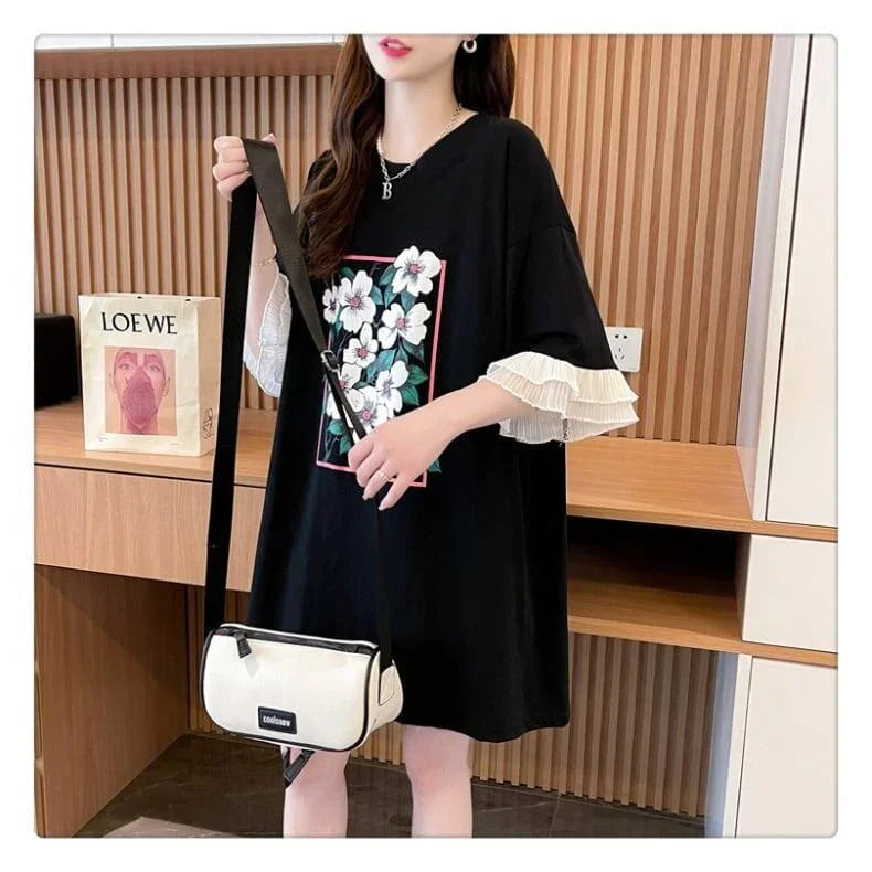 優しい雰囲気 プリント フリル切り替え ロングTシャツ ゆったり半袖＜U-2891＞