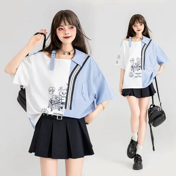 話題沸騰中 キュートストライプ柄 ファッション 切り替え 半袖Tシャツ＜U-8695＞