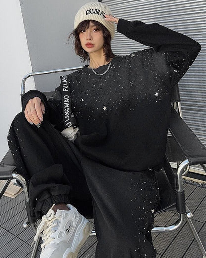【裏起毛】大好評 ブラック 星柄ロゴゆったり厚手スウェット トップス＜U-4775＞