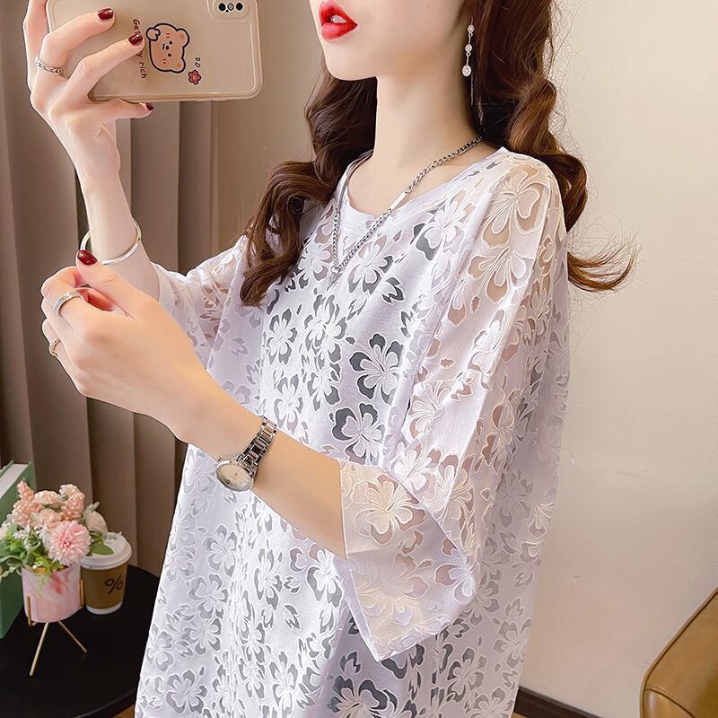 好感度UP ファッション カジュアル 透かし彫り 半袖Tシャツ<U-8458>
