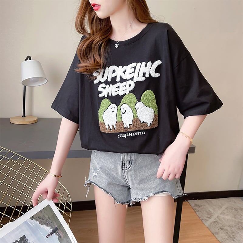 合わせやすい 切り替え チャーミング プリント Tシャツ カットソー＜U-3480＞
