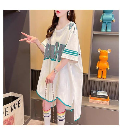 おしゃれ度アップ アルファベット フィッシュテール プリントTシャツ ゆったり半袖＜U-3012＞