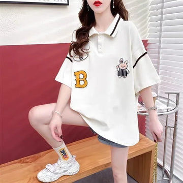 韓国系 ロング POLOネック Tシャツ 四色 ゆったり半袖 ＜U-2869＞