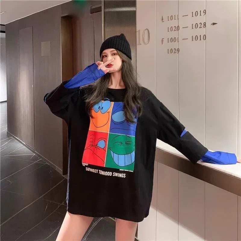 見逃し禁止レイヤード  グラフィックプリント 二色長袖Tシャツ＜U-4065＞
