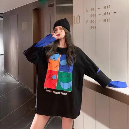 見逃し禁止レイヤード  グラフィックプリント 二色長袖Tシャツ＜U-4065＞