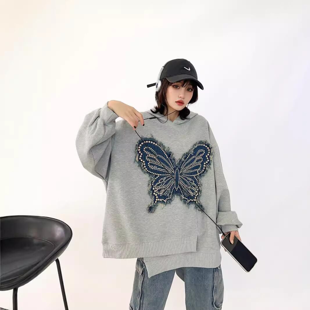 都市ファッショ デザイン オシャレ おしゃれ度高め 刺繍 ホットダイヤモンド カジュアル 3色選択 パーカー<U-9290>