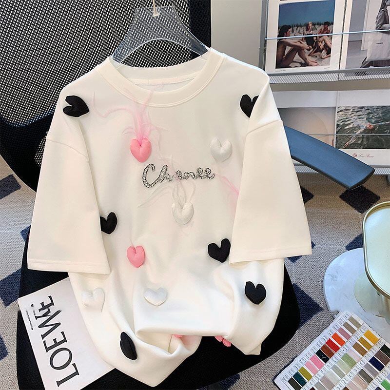 絶対欲しい ホットダイヤモンド キュート 三次元の愛 ゆったり 半袖Tシャツ＜U-8823＞