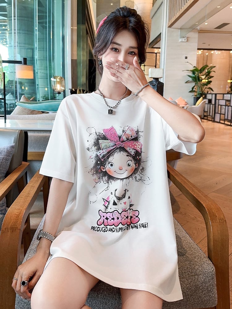 好感度UP ピンク カジュアル プリント スパンコール プリント ゆったり 半袖 Tシャツ＜U-8705＞