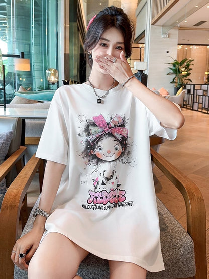好感度UP ピンク カジュアル プリント スパンコール プリント ゆったり 半袖 Tシャツ＜U-8705＞