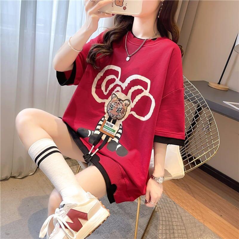 気質ルーズ漫画プリントミッドレングス半袖Tシャツ<U-3026>