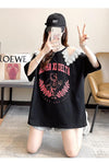 数量限定 ラウンドネック アバンギャルド レース 切り替え プリント全2色 半袖Tシャツ<U-8724>