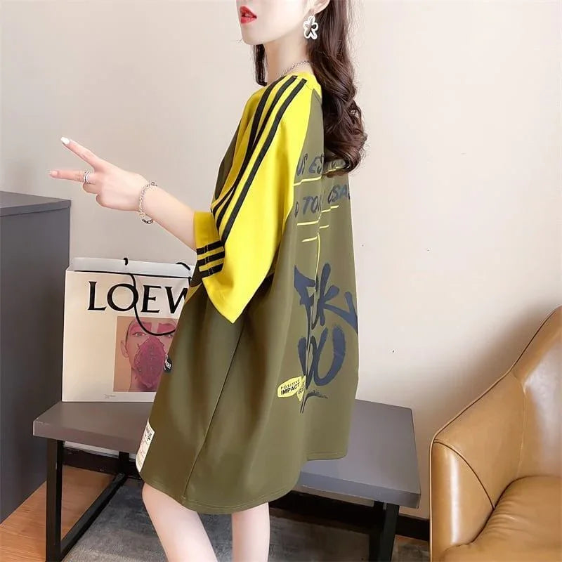 好感度UP グラフィック ストライプ柄 ラグランTシャツ ゆったり ワンピース＜U-3994＞