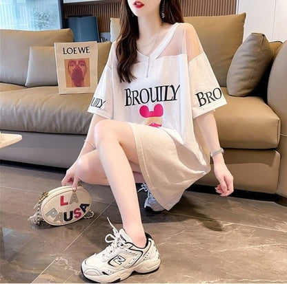 売り切れ必至 Vネック セクシー 切り替え チュール プリントTシャツ ゆったりワンピース ＜U-3050＞