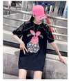 レースステッチアイスシルクニットルーズラビットプリント半袖Tシャツ<U-5038>
