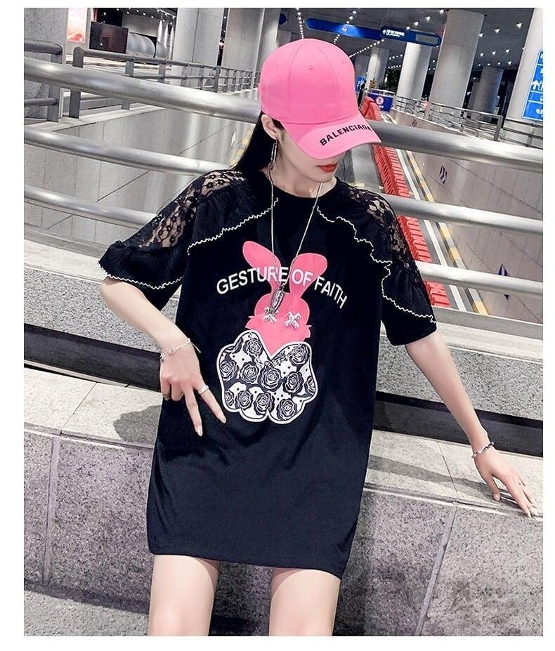 レースステッチアイスシルクニットルーズラビットプリント半袖Tシャツ<U-5038>