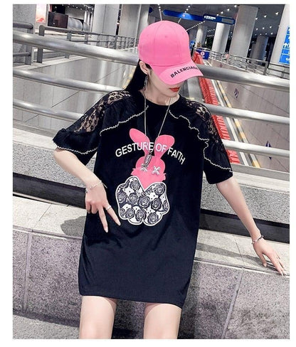 レースステッチアイスシルクニットルーズラビットプリント半袖Tシャツ<U-5038>