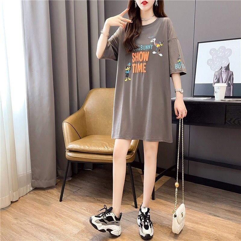 着?せ プリント アルファベット ロングTシャツ 四色 ゆったりワンピース ＜U-4018＞