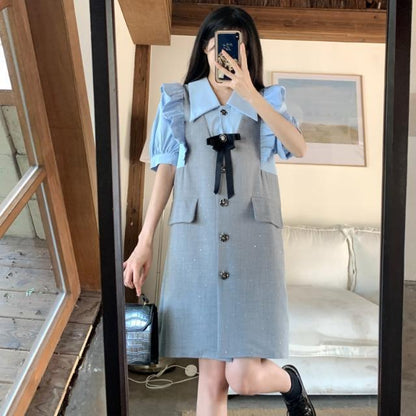 超人気 上質 大人可愛い 切り替え レイヤード風 ワンピース<U-8910>