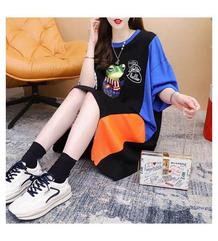 レイジーカジュアルプリント半袖Tシャツルーズデザインワンピース<2879>