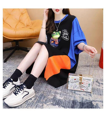 レイジーカジュアルプリント半袖Tシャツルーズデザインワンピース<2879>