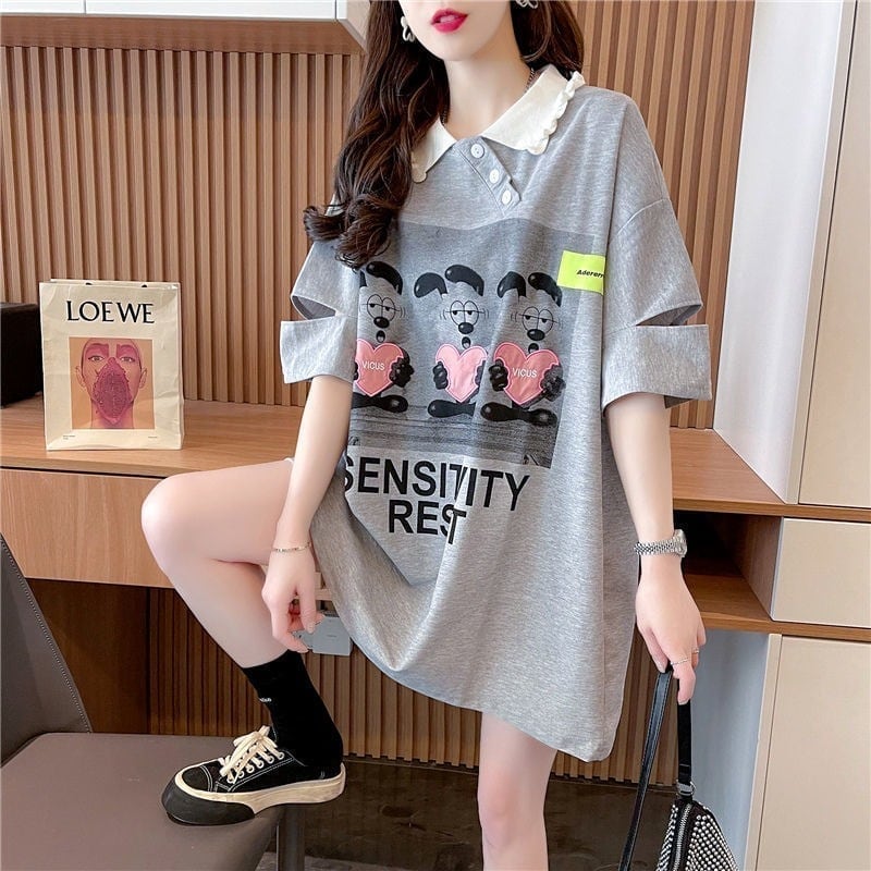 夏新作 アルファベットプリント POLOネック ロング Tシャツ ゆったりワンピース ＜U-3038＞