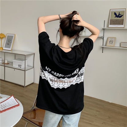 デザイン感 切り替え チャーミング プリント Tシャツ カットソー＜U-3538＞