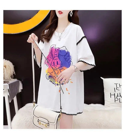 韓国系 ロング プリント Tシャツ 三色 ゆったり半袖 ＜U-2841＞