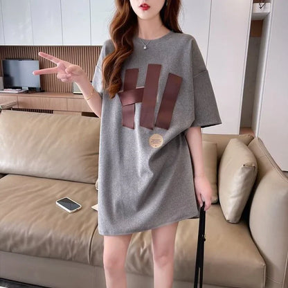 ファッション ロング プリントTシャツ 丸襟 半袖＜U-2807＞