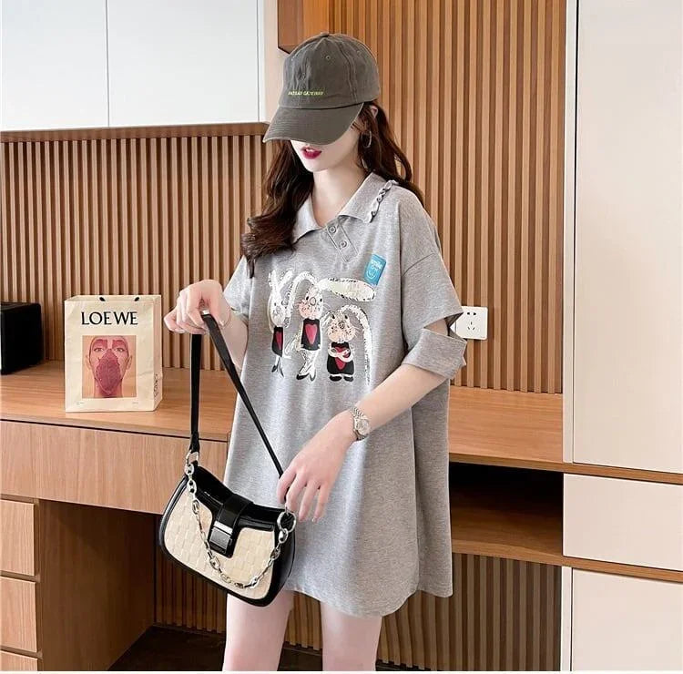 美人度アップ 折り襟 可愛いウサギちゃん プリントロング Tシャツ ゆったり半袖 ＜U-2956＞