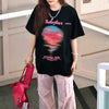 夏新作 プリントTシャツ 夕日 黒 ゆったり半袖＜U-2959＞