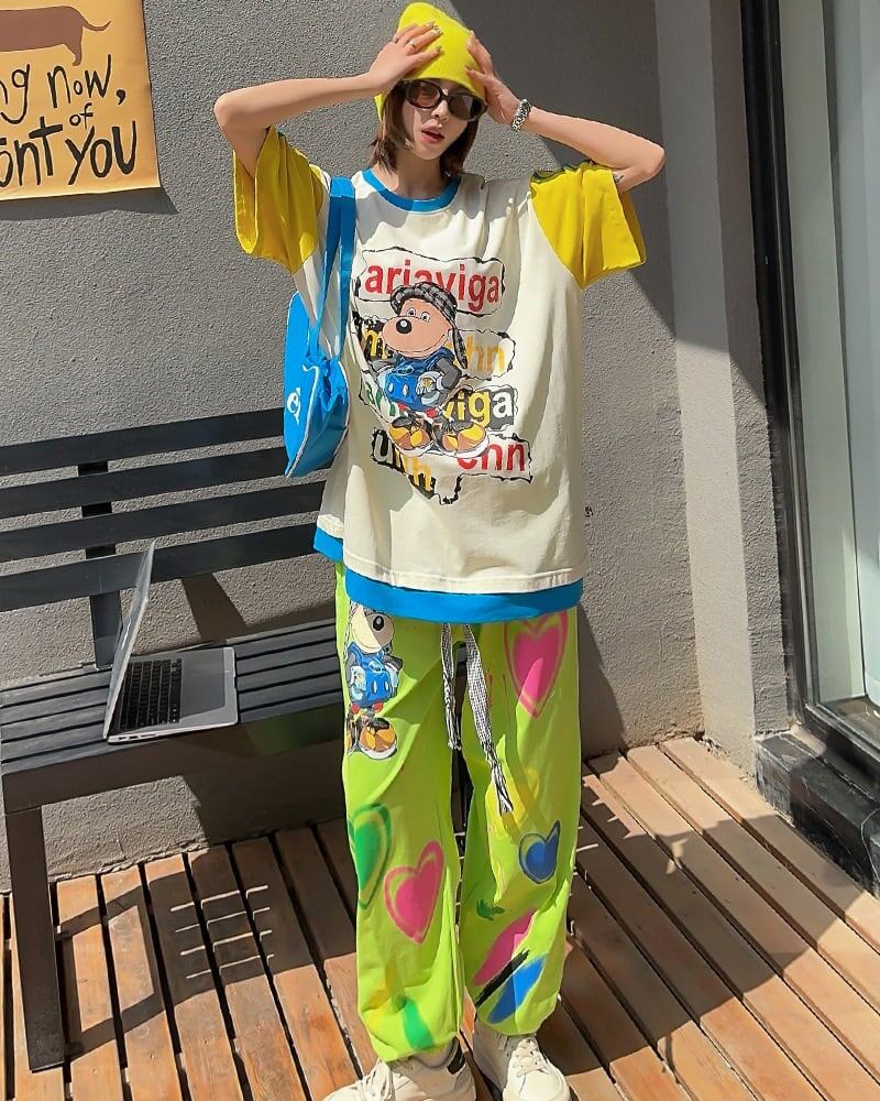 話題沸騰中 ゆったり カジュアル プリント カラーマッチング 半袖Tシャツ＜U-8067＞