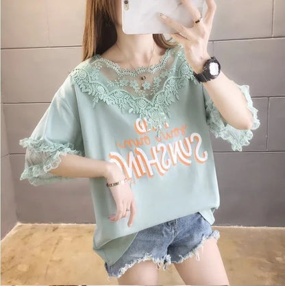 エレガントなレースステッチ半袖Tシャツ<U-3030>